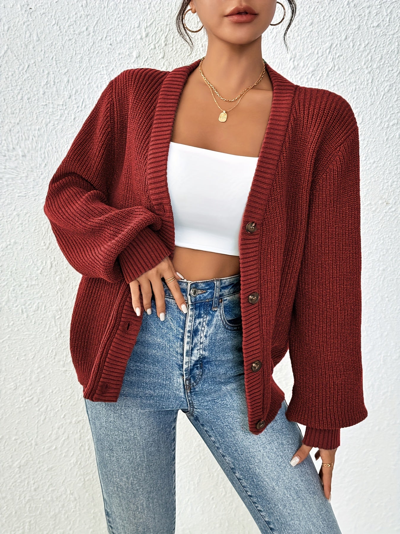 Comfortable Ribbed Cardigan Sweater for Women with V Neck Long Sleeve Button Front Oversized Knit Style