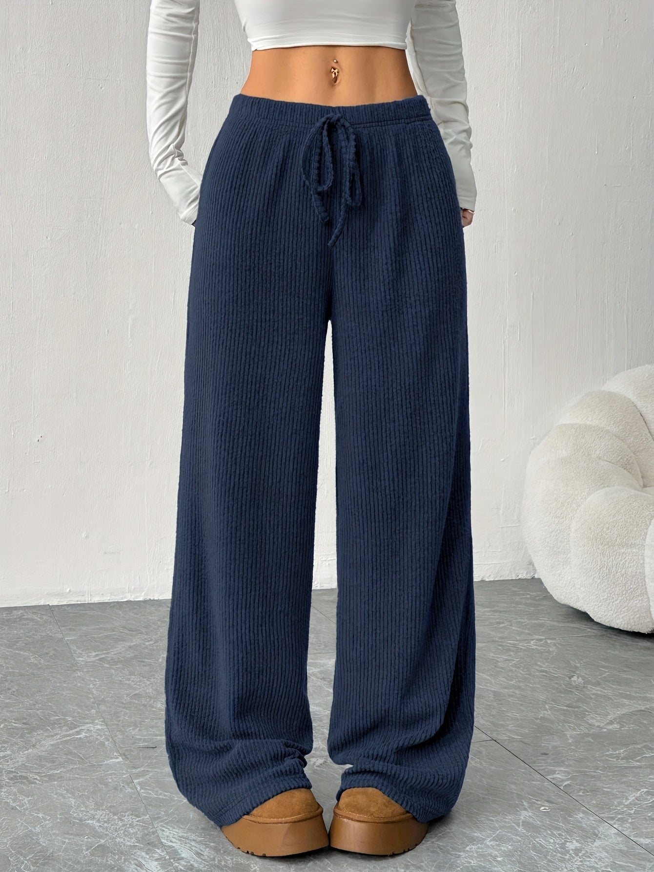 Effortless Ribbed Wide Leg Pants for Women with High Waist Drawstring Relaxed Flowing Casual Style