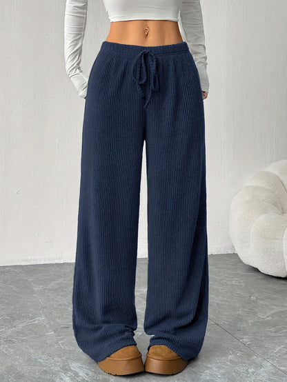 Effortless Ribbed Wide Leg Pants for Women with High Waist Drawstring Relaxed Flowing Casual Style
