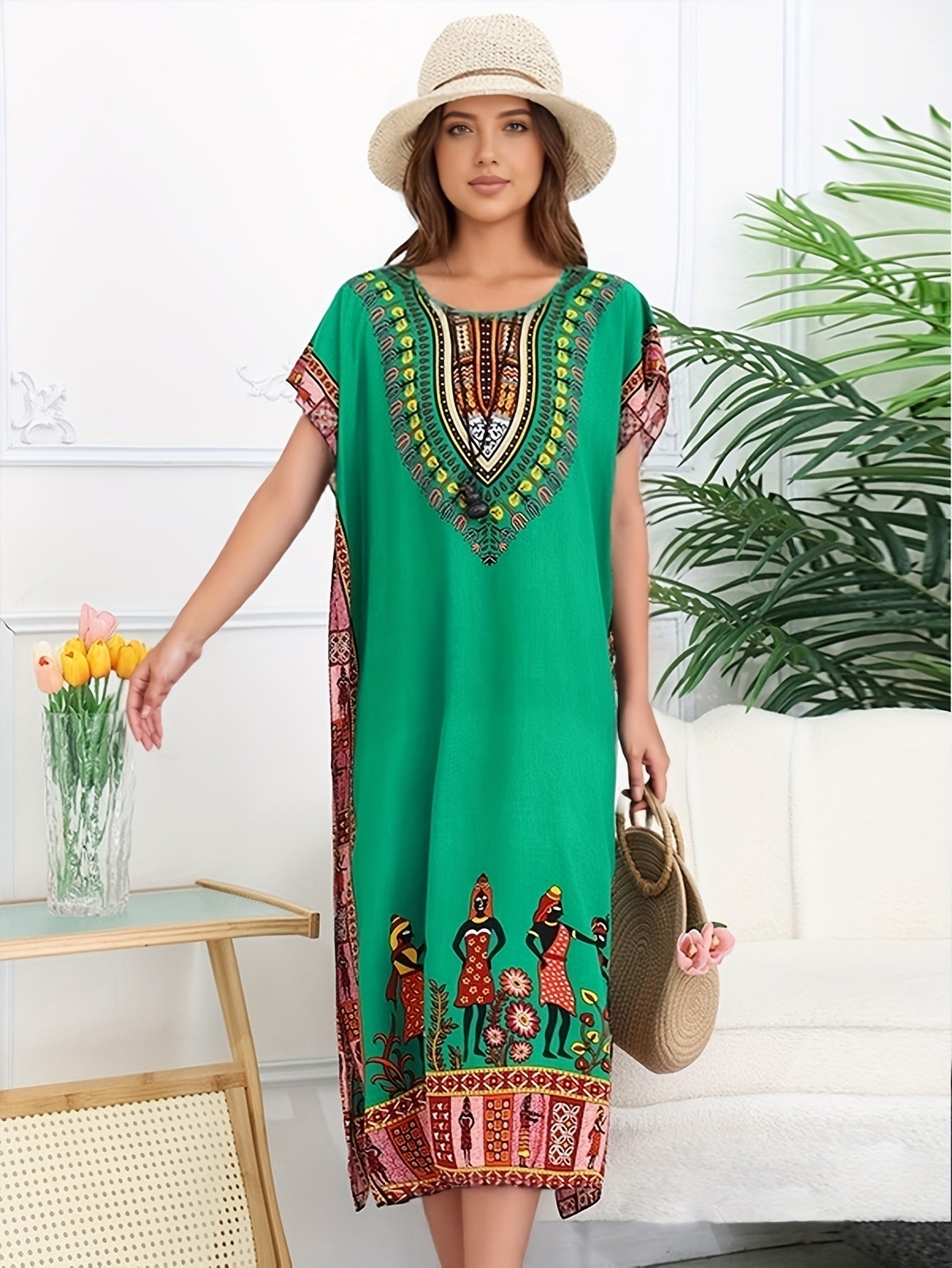 Effortless Tribal Print Kaftan Dress for Women with V Neck Short Sleeve Embroidered Flowing Bohemian Style