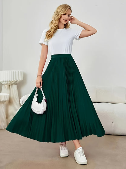 Elegant Dark Green Pleated Maxi Skirt for Women with High Waist Accordion Pleat Flowing A Line Style