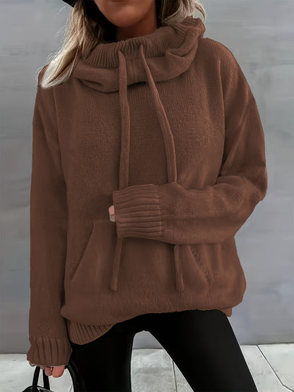 2025 New Autumn And Winter Women'S Casual Versatile Solid Color Drawstring Pocket Hooded Pullover