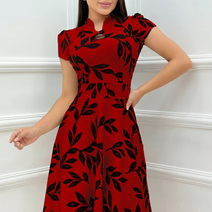 Elegant Leaf Print Fit and Flare Dress for Women with Keyhole Stand Collar Cap Sleeve Midi Style