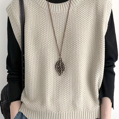 Comfortable Chunky Knit Sweater Vest for Women with Crew Neck Sleeveless Ribbed Trim Oversized Style