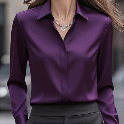 Elegant Satin Blouse for Women with Collar Long Sleeve Button Front Relaxed Silky Style