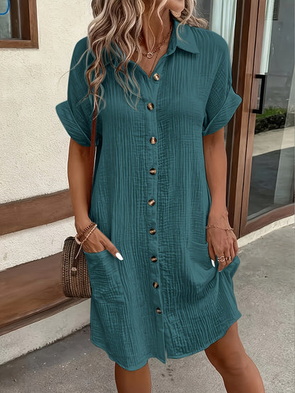 Effortless Textured Cotton Shirt Dress for Women with Collar Short Sleeve Button Front Relaxed Style
