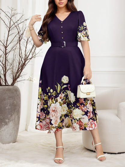 Effortless Floral Midi Dress for Women with V Neck Flutter Sleeve Belted A Line Style