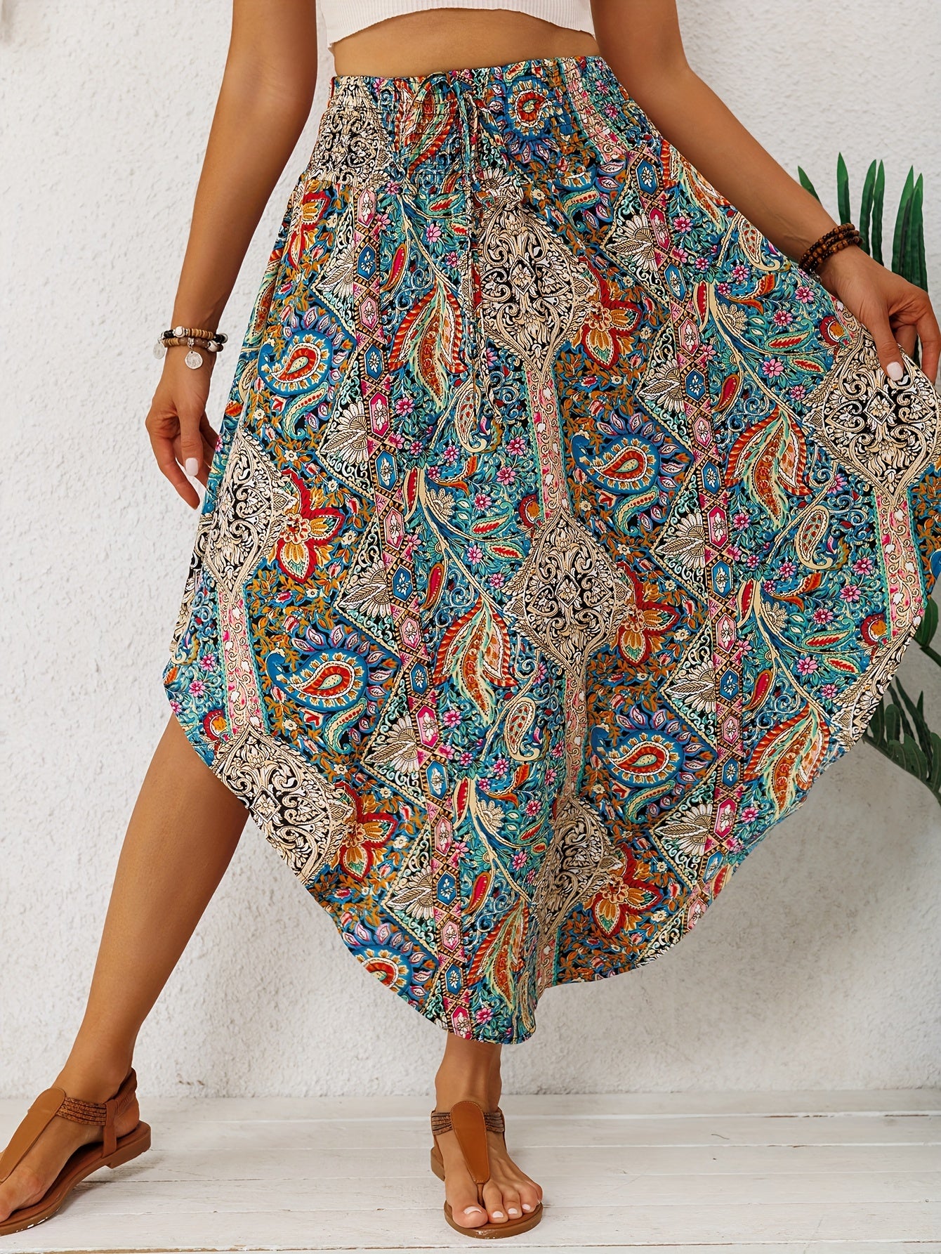 Effortless Multicolor Paisley Maxi Skirt for Women with High Waist Drawstring Handkerchief Hem Bohemian Style