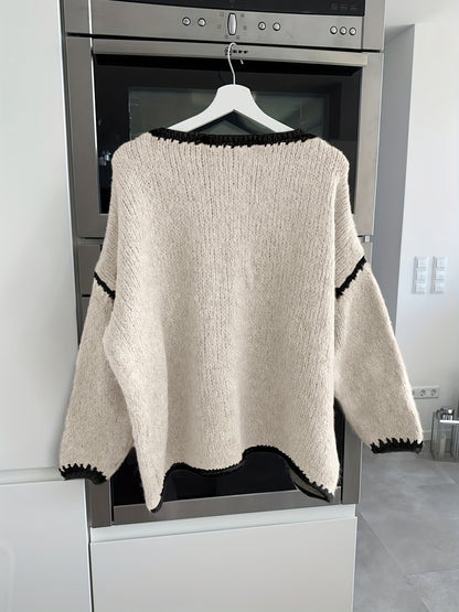 Solid Boat Neck Pullover Sweater, Women'S Casual Long Sleeve Loose Contrast Sweater