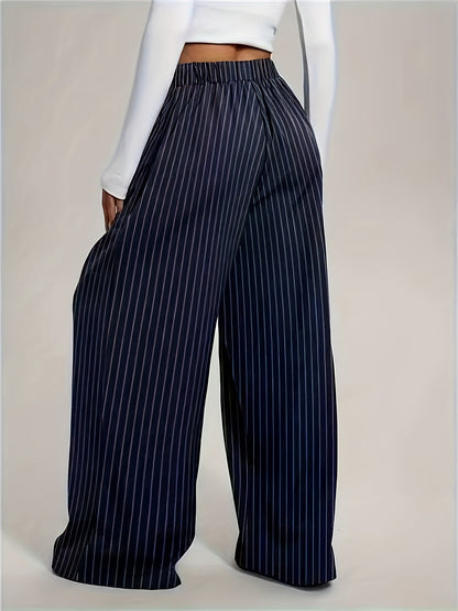 Effortless Navy Pinstripe Wide Leg Trousers for Women with High Waist Pleated Relaxed Flowing Style