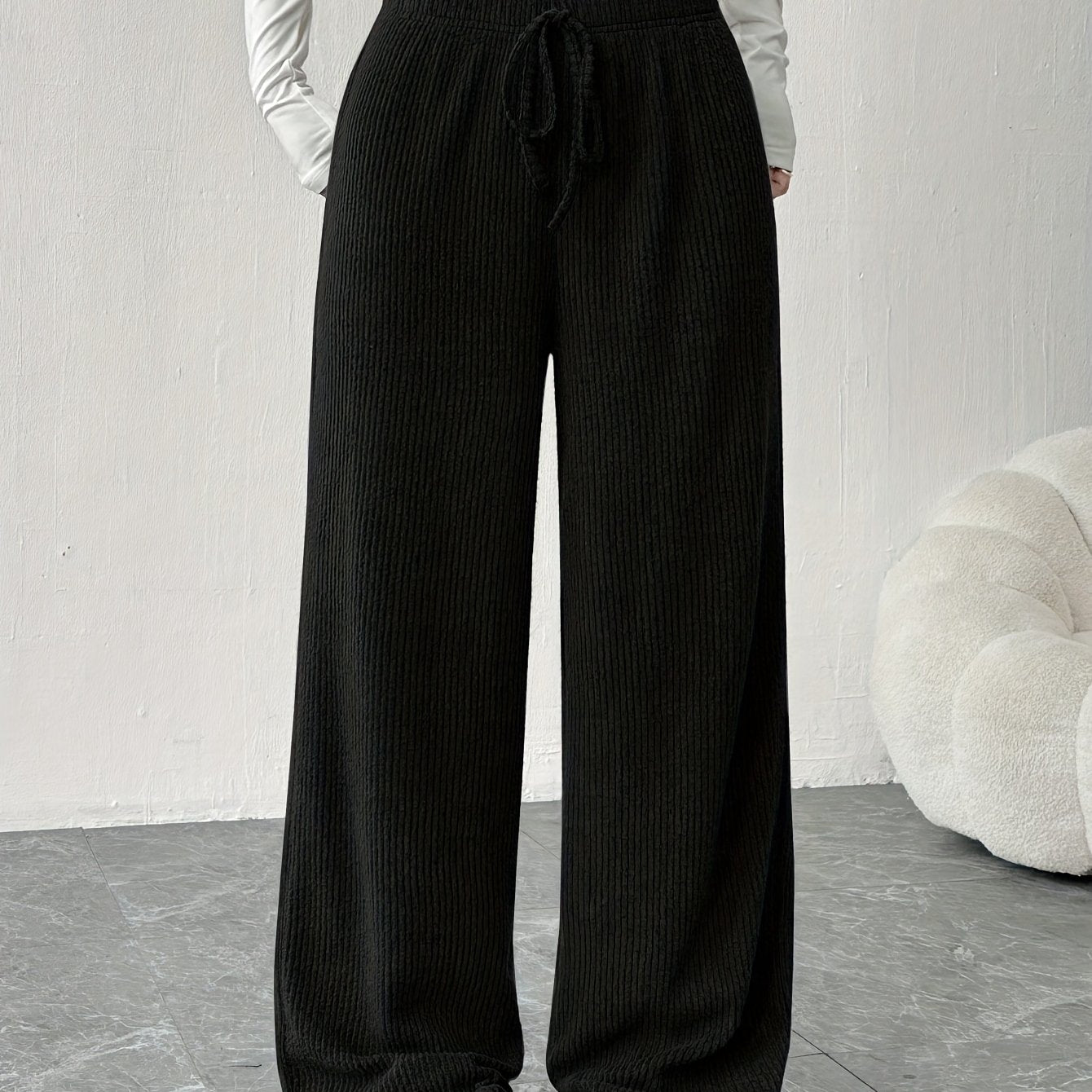 Effortless Ribbed Wide Leg Pants for Women with High Waist Drawstring Relaxed Flowing Casual Style