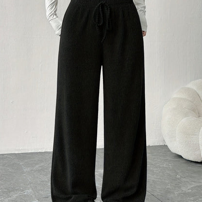 Effortless Ribbed Wide Leg Pants for Women with High Waist Drawstring Relaxed Flowing Casual Style