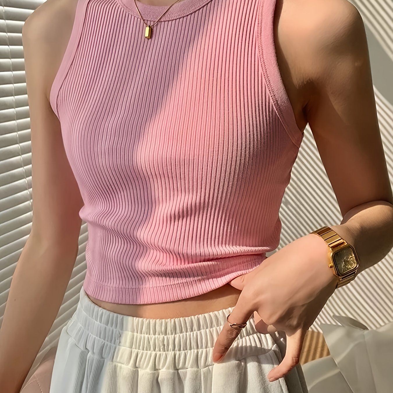 Effortless Ribbed Crop Top for Women with Crew Neck Sleeveless Racerback Fitted Tank Style