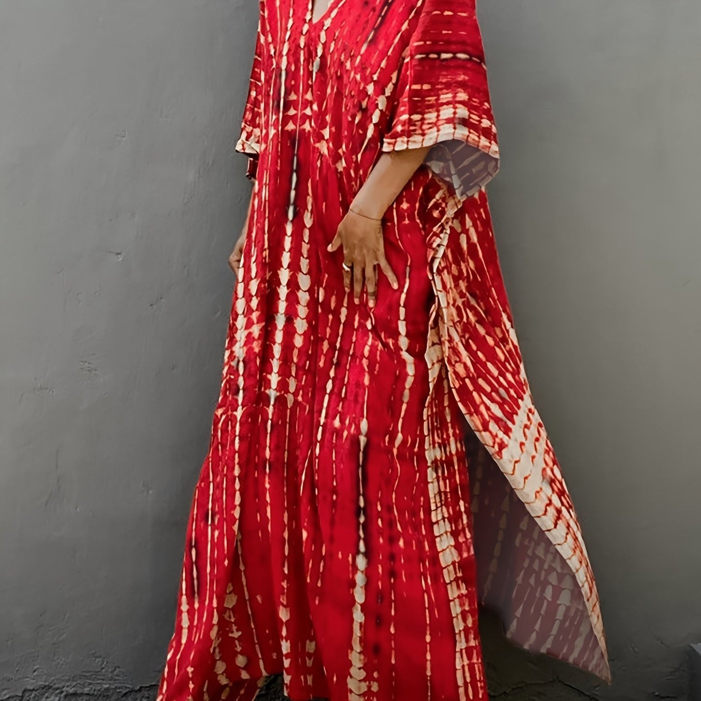 Effortless Tie Dye Maxi Dress for Women with V Neck Bell Sleeve Kaftan Flowing Bohemian Style