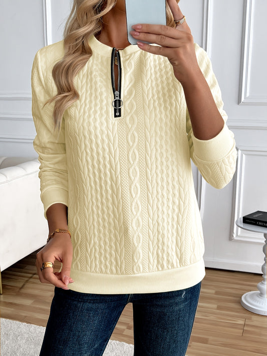 Comfortable Cable Knit Sweater for Women with Quarter Zip Mock Neck Long Sleeve Ribbed Cuff Casual Style