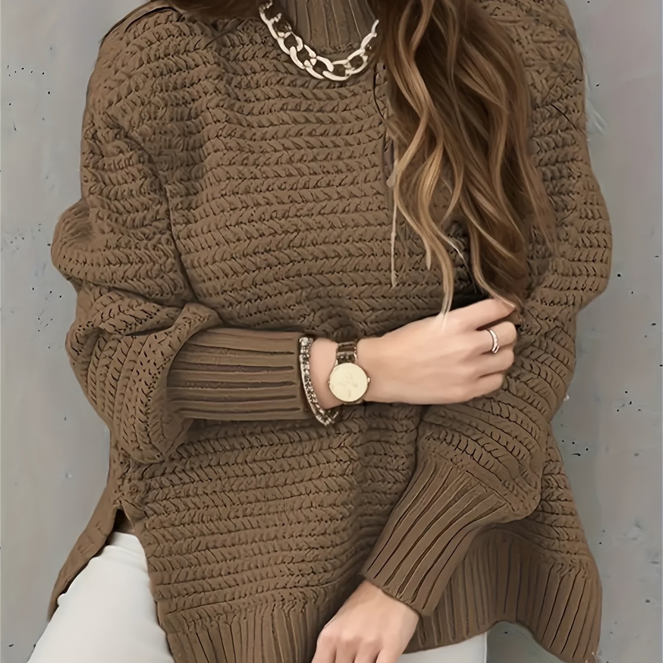 Comfortable Textured Knit Sweater for Women with Mock Neck Long Sleeve Side Slit Oversized Style