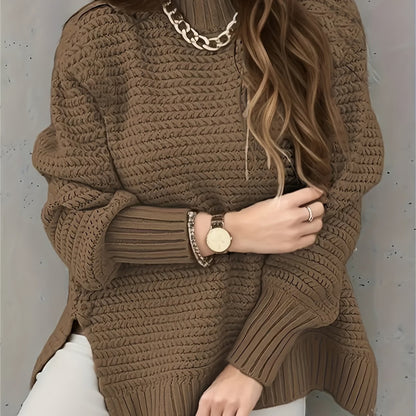 Comfortable Textured Knit Sweater for Women with Mock Neck Long Sleeve Side Slit Oversized Style