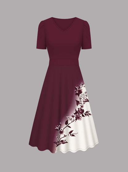 Elegant Burgundy Floral Midi Dress for Women with V Neck Short Sleeve A Line Flowing Style