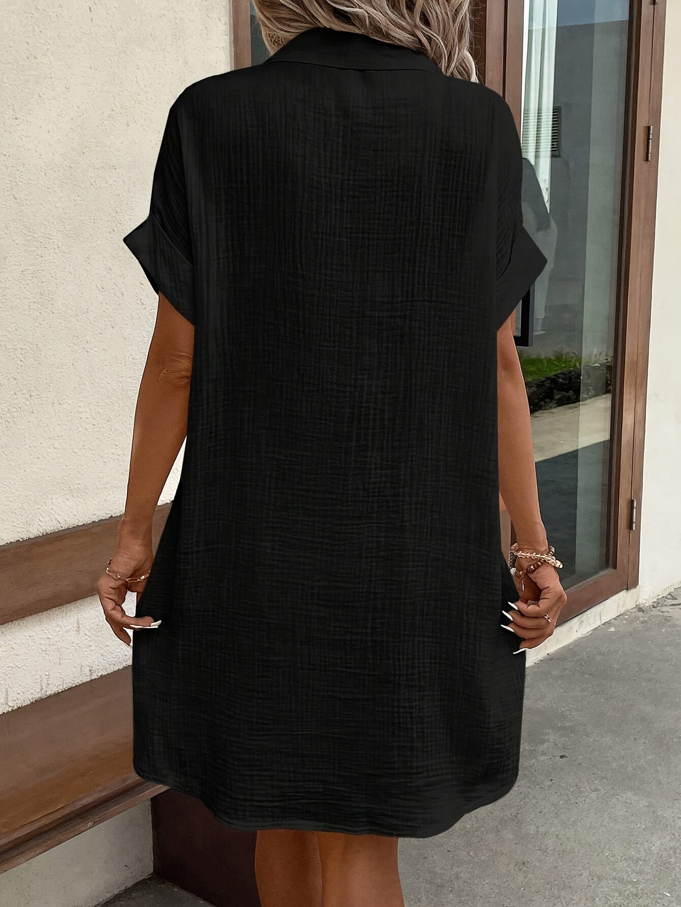 Effortless Textured Cotton Shirt Dress for Women with Collar Short Sleeve Button Front Relaxed Style