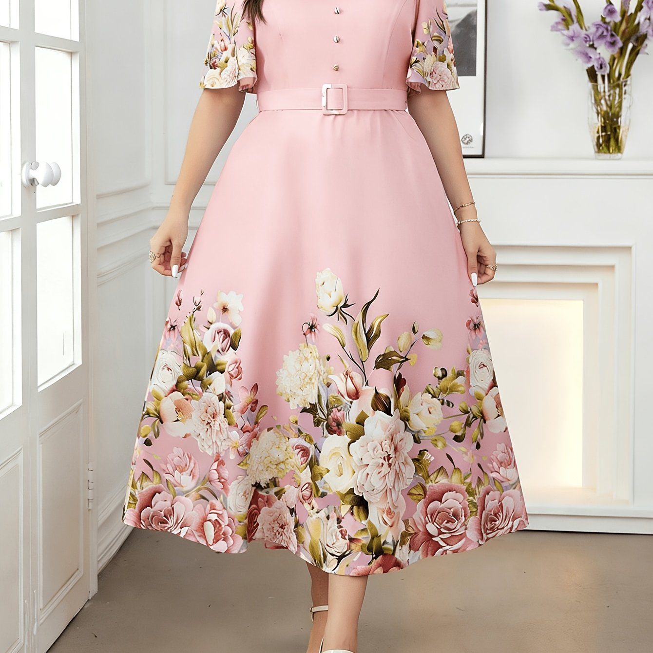 Effortless Floral Midi Dress for Women with V Neck Flutter Sleeve Belted A Line Style