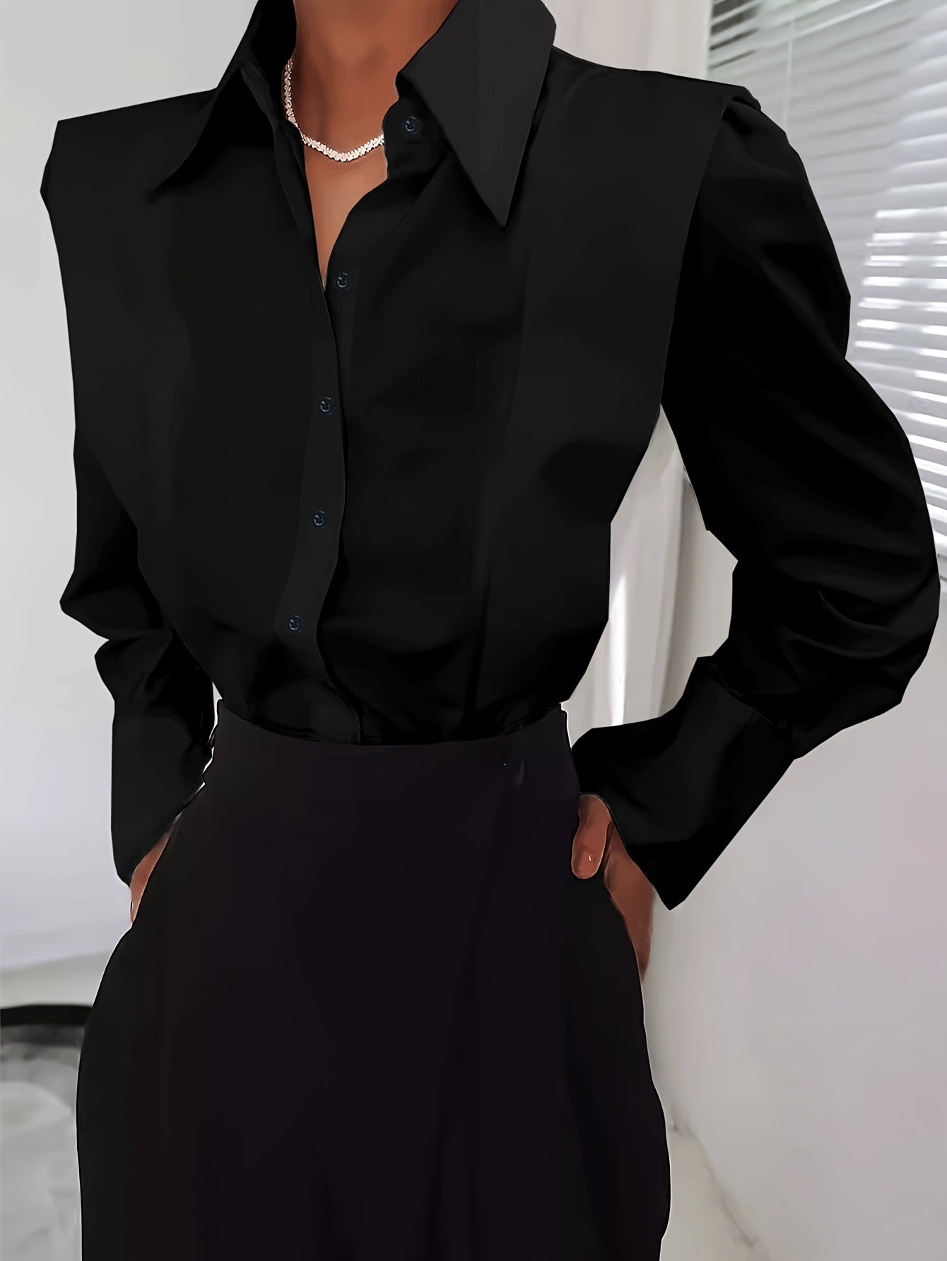 Elegant Blouse for Women with Collar Long Sleeve Structured Shoulder Button Front Tailored Style