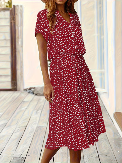 Effortless Multicolor Polka Dot Midi Dress for Women with Collar Short Sleeve Tie Waist Casual Style