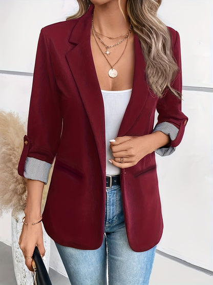Elegant Striped Cuff Blazer for Women with Notch Lapel Roll Tab Sleeve Relaxed Style