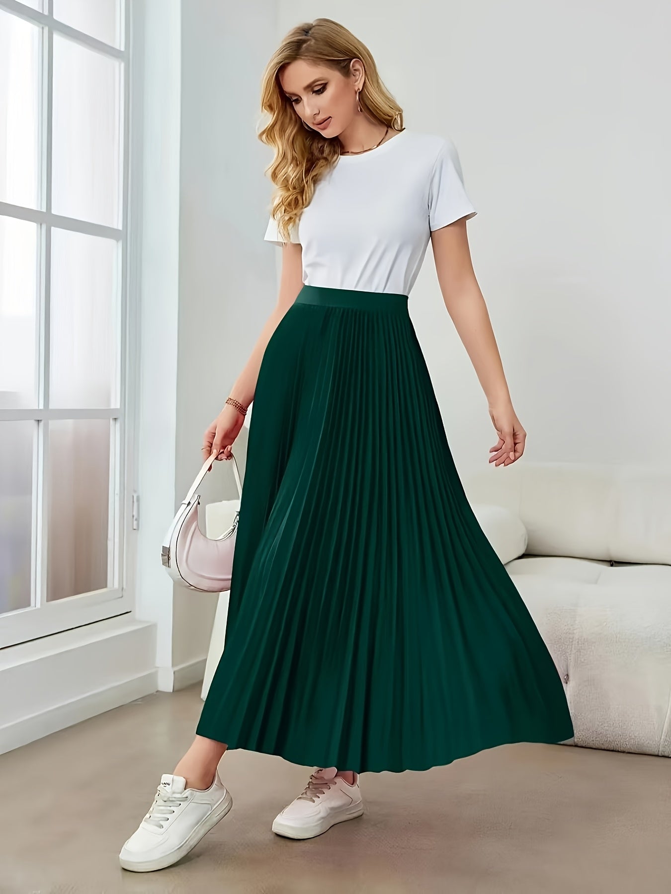 Elegant Dark Green Pleated Maxi Skirt for Women with High Waist Accordion Pleat Flowing A Line Style