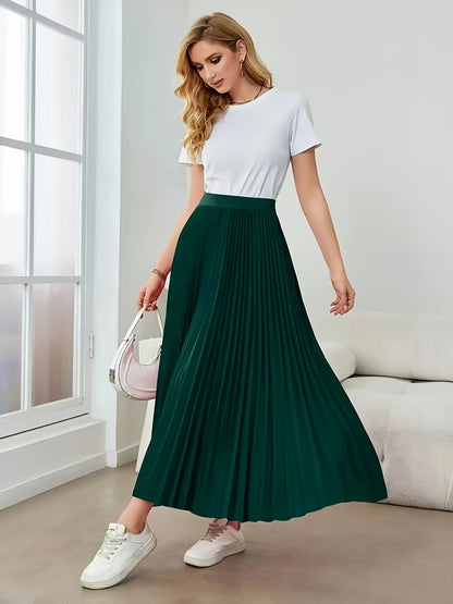 Elegant Dark Green Pleated Maxi Skirt for Women with High Waist Accordion Pleat Flowing A Line Style