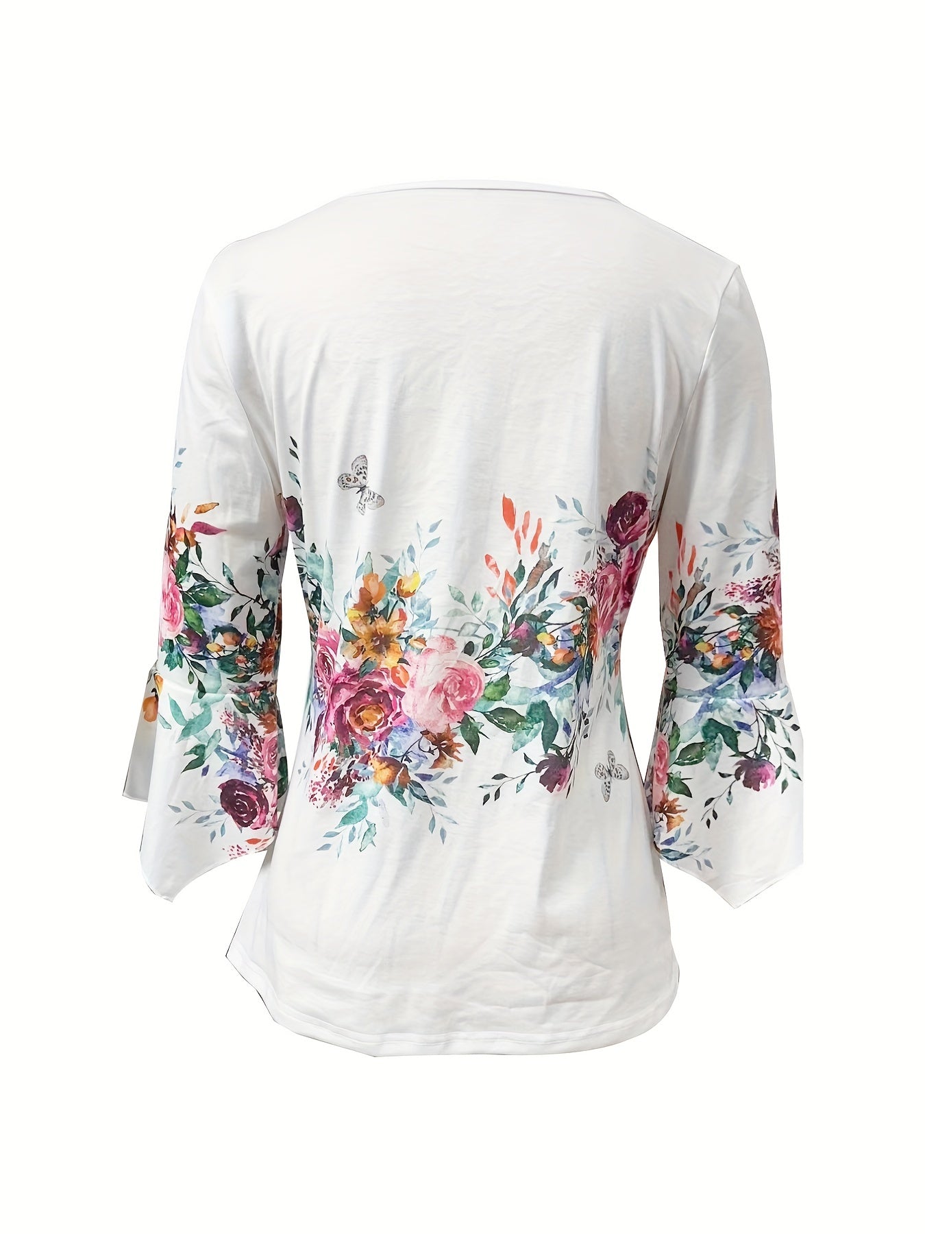Elegant White Floral Blouse for Women with V Neck Bell Sleeve Button Front Relaxed Style
