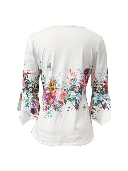 Elegant White Floral Blouse for Women with V Neck Bell Sleeve Button Front Relaxed Style