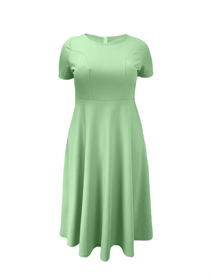 Elegant Rose Red Midi Dress for Women with Round Neck Short Sleeve Fit and Flare Pocket Style
