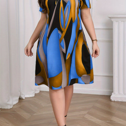 Effortless Geometric Print Shift Dress for Women with Round Neck Short Sleeve Tie Front Relaxed Casual Style