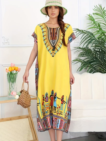 Effortless Tribal Print Kaftan Dress for Women with V Neck Short Sleeve Embroidered Flowing Bohemian Style