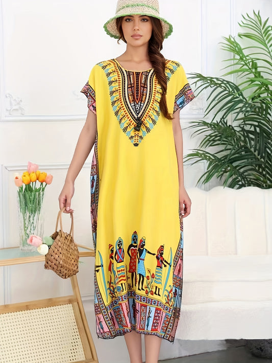 Effortless Tribal Print Kaftan Dress for Women with V Neck Short Sleeve Embroidered Flowing Bohemian Style