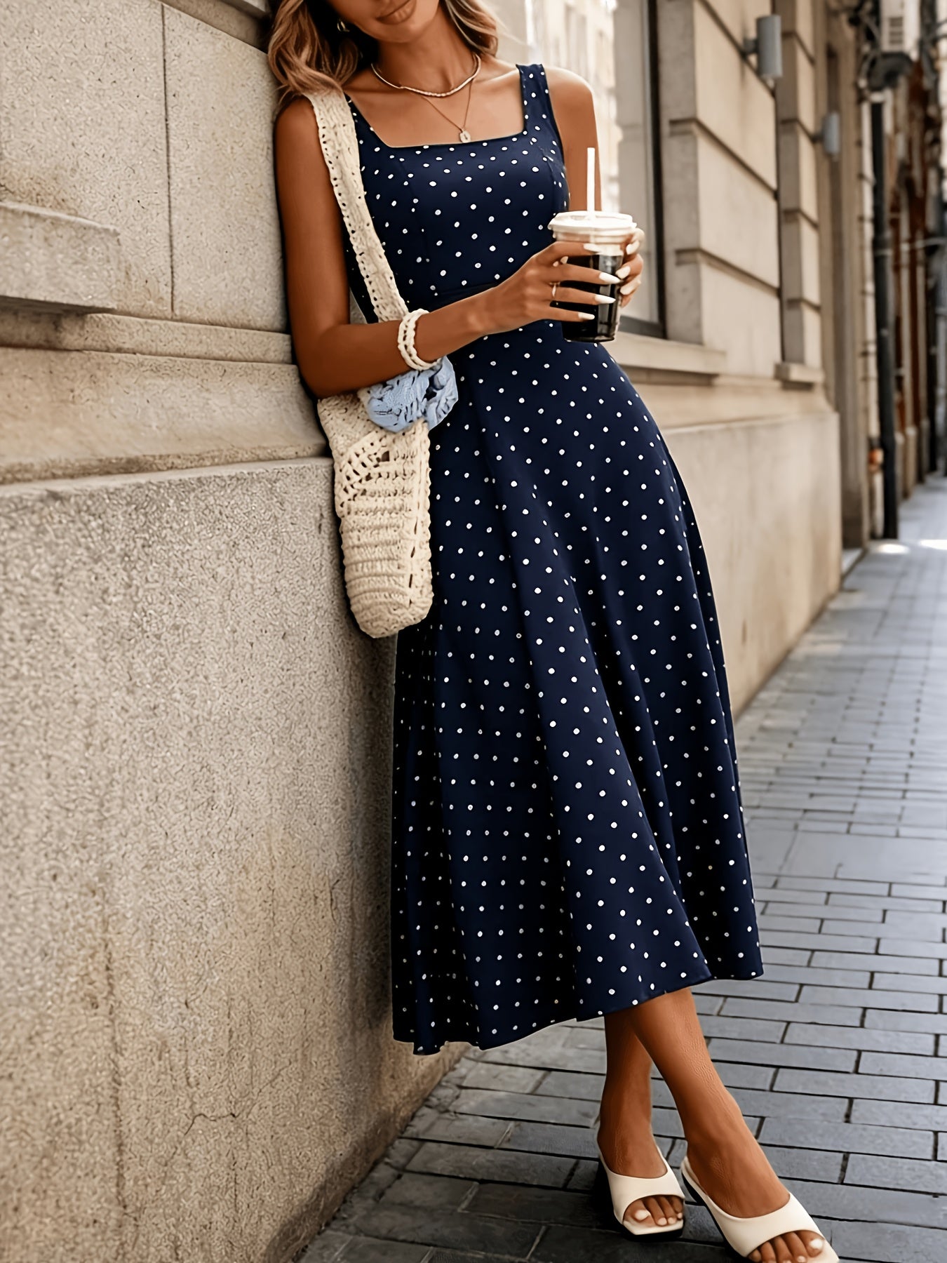 Elegant Polka Dot Midi Dress for Women with Square Neck Sleeveless A Line Flowing Casual Style
