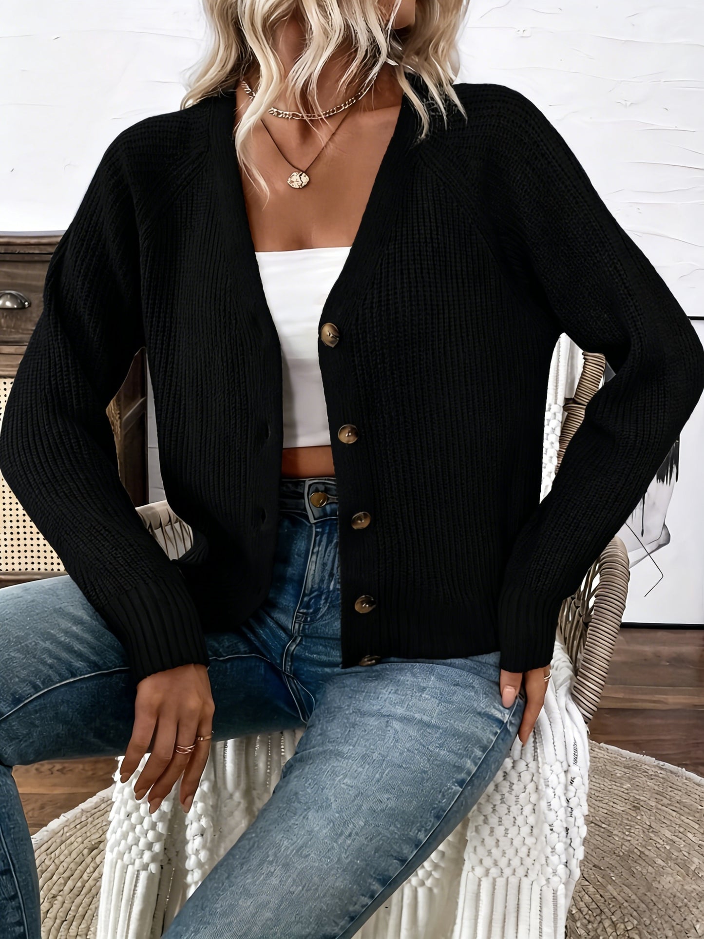 Comfortable Ribbed Knit Cardigan for Women with V Neck Long Sleeve Button Front Relaxed Oversized Style