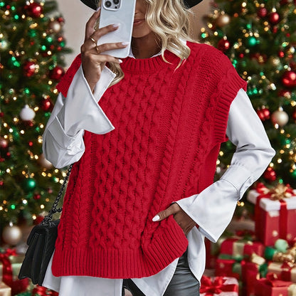 Comfortable Cable Knit Sweater Vest for Women with Crew Neck Sleeveless Oversized Relaxed Style