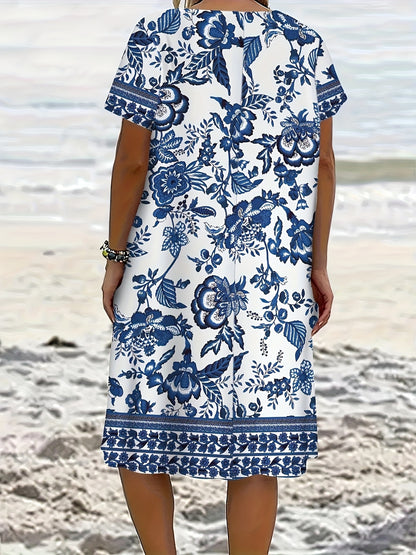 Effortless Blue Floral Midi Dress for Women with Round Neck Short Sleeve Relaxed Pocket Bohemian Style
