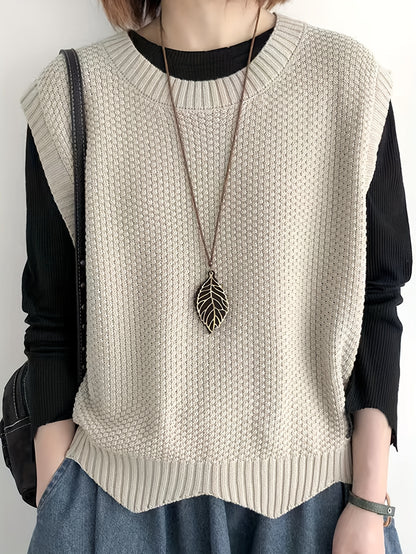 Comfortable Chunky Knit Sweater Vest for Women with Crew Neck Sleeveless Ribbed Trim Oversized Style