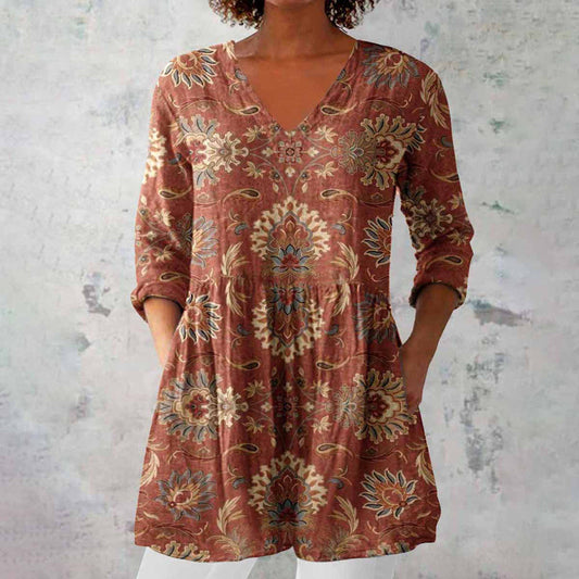 Effortless Rust Paisley Floral Tunic Top for Women with V Neck Elbow Sleeve Relaxed Swing Style