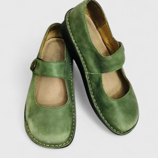 Comfortable Leather Mary Jane Shoe for Women with Button Strap Round Toe Stitched Sole Casual Style