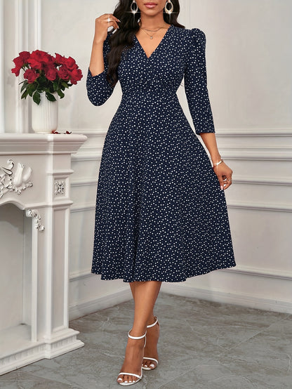 Elegant Polka Dot Midi Dress for Women with V Neck Puff Sleeve Fit and Flare Cocktail Style