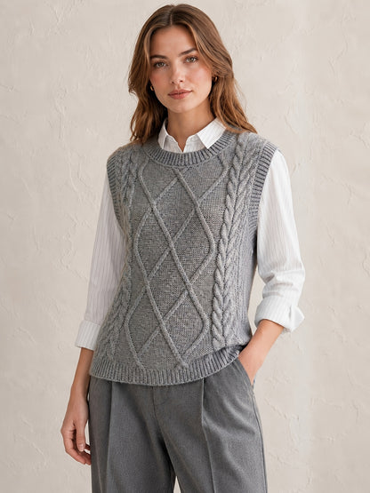 Comfortable Cable Knit Sweater Vest for Women with Crew Neck Sleeveless Relaxed Oversized Casual Style
