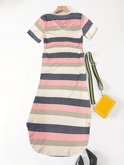 Effortless Striped Colorblock Maxi Dress for Women with V Neck Short Sleeve Side Slit Casual Style