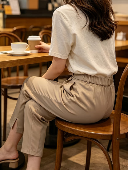 Elegant Tailored Trousers for Women with High Waist Button Front Cropped Slit Hem Casual Style