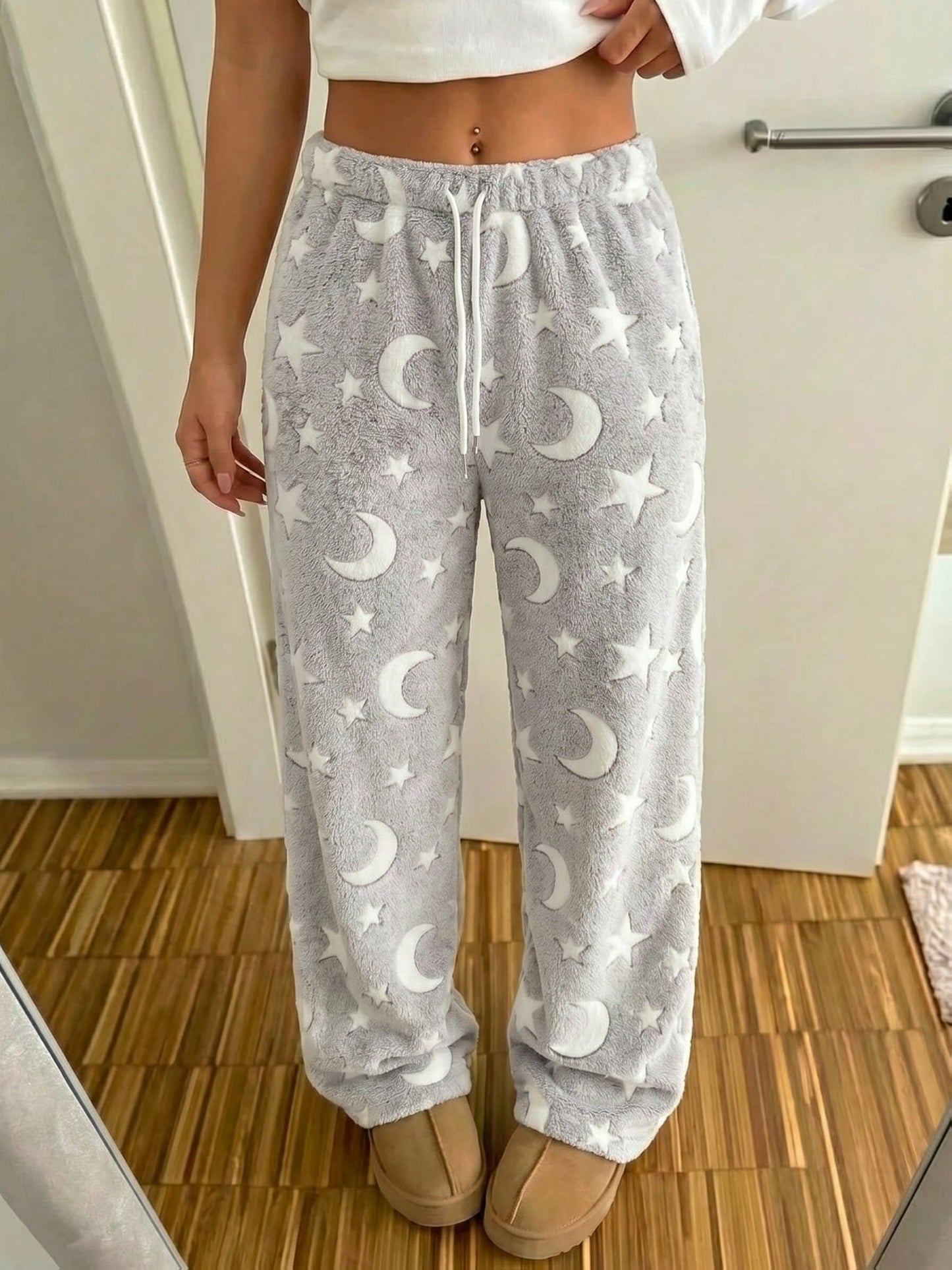 Comfortable Star Moon Print Fleece Pajama Pants for Women with High Waist Drawstring Wide Leg Cozy Style