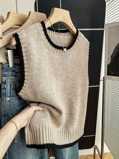 Comfortable Contrast Trim Sweater Vest for Women with Crew Neck Sleeveless Ribbed Knit Style