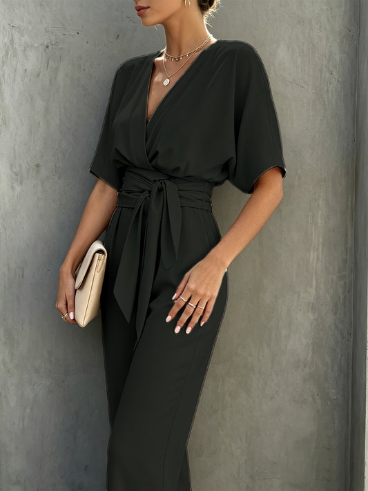 Elegant Wrap Jumpsuit for Women with V Neck Kimono Sleeve Belted Wide Leg Style
