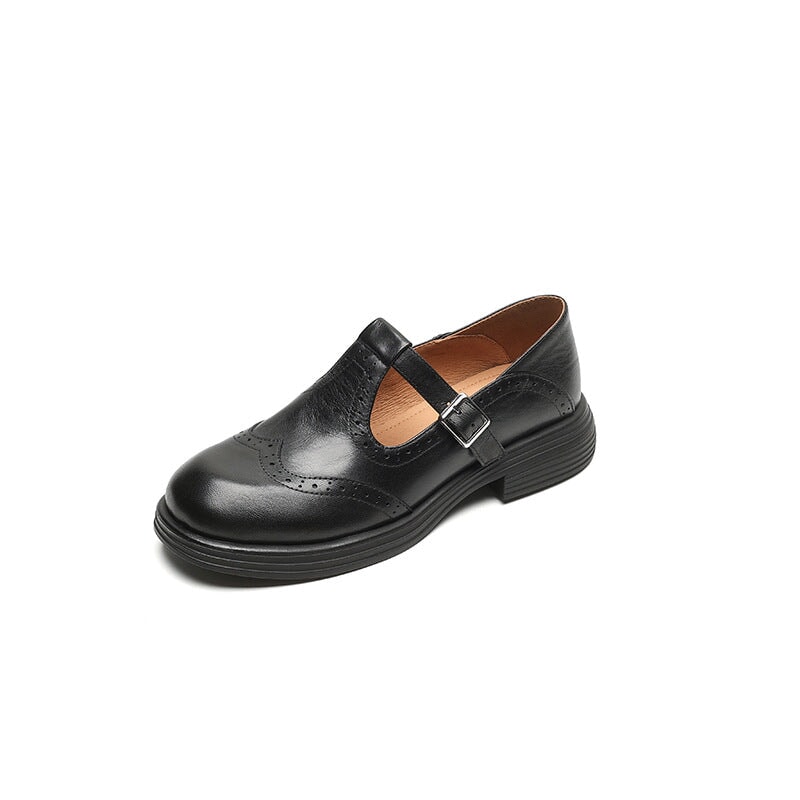 Elegant Leather Mary Jane Flats for Women with T Strap Buckle Wingtip Brogue Platform Sole Style